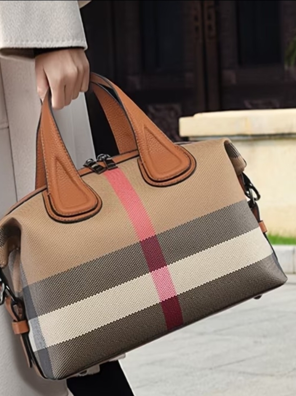 Women's Vintage Plaid Boston Bag with Detachable Strap Red, Black Tan Cream - Picture 1 of 9
